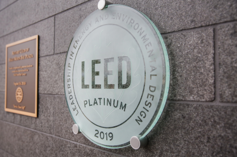 LEED-certified hotel demonstrating sustainable hotel practices by publicly displaying its certification, highlighting its commitment to sustainability and energy efficiency.